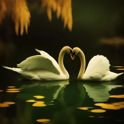 two swans in a romantic lake, dark green and warm yellow color, fantasy atmosphere, photo quality