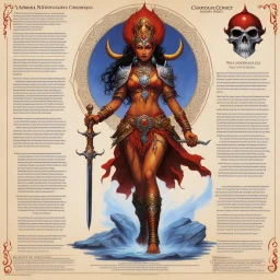 character concept sheet with AD&D statistics and characteristics, [illustration by Jeff Easley] the Vajrayogini playable deity class: a central female meditational deity, transcendence of ego and ignorance. Weapon: the kartika curved knife, artefact: a skull cup filled with blood. powers: cast emotions into awakening, and dissolution of ordinary identity