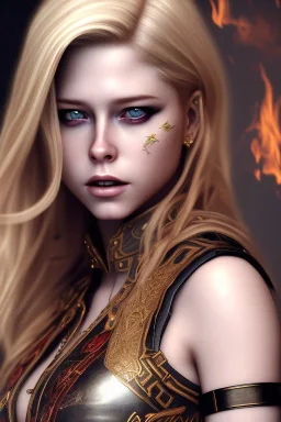 perfect avril lavigne face, wearing viking, intricate, fullbody, highly detailed face, highly realistic particles, fog, fire