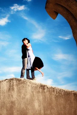 a couple kissing, background blueish sky, cinematographic