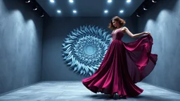 modern stage with gray-blue theme artistic decoration , color full dynamic lighting, a beautiful lady in modern maxy dark purple red dress with shining silver jwells dancing, 3D recursive fractal structure animating background