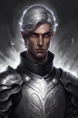 For DND character portrait.Aasimar male, in black and silver armour. Ghostly halo above his head. Short hair. ,. He is 30 years old. Dark hair, and has a knightly cloak. The man has glowing white eyes.