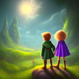 a cartoony boy and girl looking at a colorful land. The boy has a green cape on his back. There is a purple portal in the middle. Add a bright yellow sun in the back