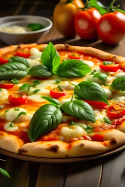 A pizza with a crispy crust, topped with fresh mozzarella cheese, juicy tomatoes, and fragrant basil.