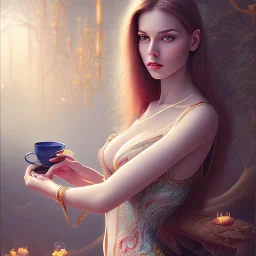 fantasy art, book cover, sexy grown up woman drinking tea by the mirror