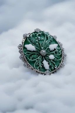 A green brooch in the snow