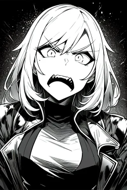 angry blonde girl, angry pose, greyscale