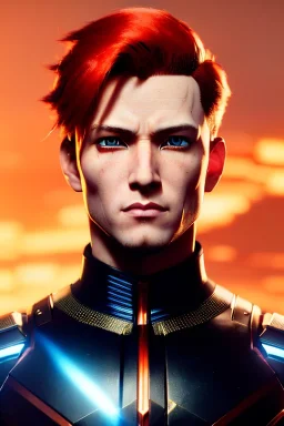 Male Cyborg anime warrior, orange hair, ponytail, blue eyes, waist up portrait, 8k resolution, intricate details, ornate details, soft lighting, vibrant colors, retroanime, masterpiece, intricate eyeliner, dark eyeshadow, eyes, futuristic cityscape background