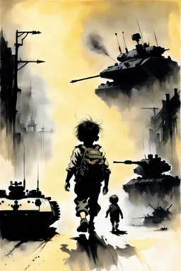The nightmare small child having a bag pack walks in the streets, at war , a tank shows in a distance illustration by Stephen Gammell