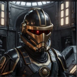 star wars bald male corellian pilot wearing pearlescent black and gunmetal grey First Order special forces heavy assault stealth commando armor and helmet with gold trim inside the jedi temple, hyperdetailed, dynamic lighting, hyperdetailed background, 8k resolution, volumetric lighting, light skin, fully symmetric details