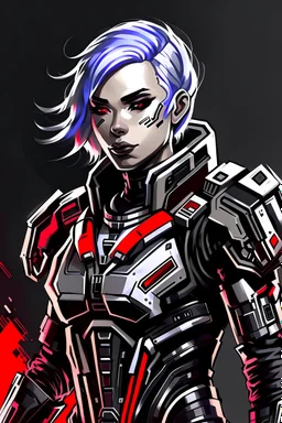 female, mass effect them, villain, white hair, red eyes, black and red armor, ultra quality, ultra detailed, high details, highly detailed, hard-edge style, full body, realism