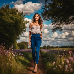 fullbody girl makeup wearing a victorian top and tight pants walking in country side ,flowers ,pretty clouds in blue sky