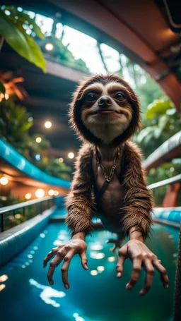 fish-eye photo of furry hairy pimp rocker alien gremlin sloth on bridge over water slide magically levitating in dark lit reflective wet jungle hall hotel tunnel, in the style of fallout 4 game,bokeh like f/0.8, tilt-shift lens 8k, high detail, smooth render, down-light, unreal engine, prize winning