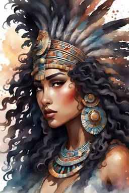 create a watercolor art image of a Aztec curvy female looking to the side with a large mane of curly black flowing thru the wind. 2k prominent make up with hazel eyes. Highly detailed hair. Background of a Aztec empire