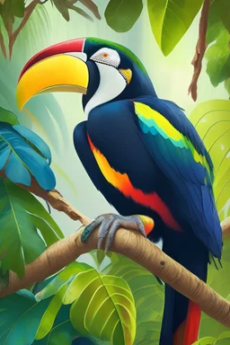A brilliantly-colored, exotic toucan perched on a lush, tropical branch, its beak filled with an array of vibrant fruit.