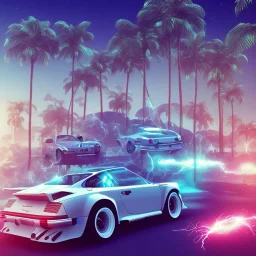 1980's aesthetic vaporwave palm trees and spheres and Porsche with lightning