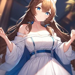 Clear focus, High resolution, Long fluffy brown hair, blue eyes, wearing a white skirt, detailed outfit, wearing a jacket oversized off shoulder, rough line, hair above ears, off shoulder white shirt, chopped bangs, parted hair, medium locks straight