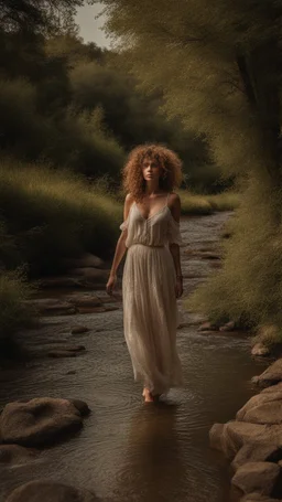 full body shot of a very beautiful lady curly hair, walks in the country side with a narrow river with clean water and nice rocks on floor. The trees and wild flowers .