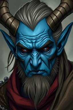 older male blue tiefling druid kind face expression