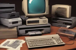 retro tech on a desk, Magneto-optical disk, floppy disk, Hard disks, ram, VHS, Retro pc, slight watercolor, no humans