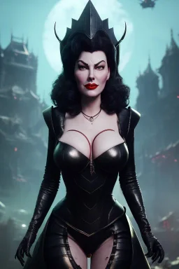 Ava Gardner as evil queen in black leather, busty, cleavage, curvy, angry, stern look. character design by cory loftis, fenghua zhong, ryohei hase, ismail inceoglu and ruan jia. unreal engine 5, artistic lighting, highly detailed, photorealistic, fantasy