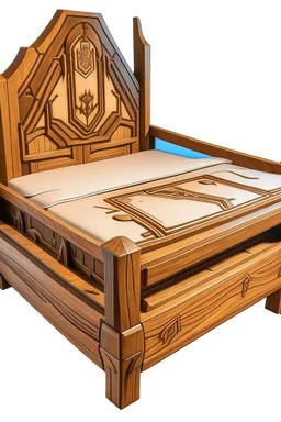 a wooden bed with a fortnite theme carved into it, no background