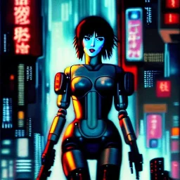 fullbody portrait in oil on canvas ,beautiful female robot, ominous, intense stare, sad eyes, post-apocalyptic in a cyberpunk city, ghost in the shell, Akira, BladeRunner movie poster, masterpiece, realistic, intricate detail, sci-fi fantasy style, volumetric lighting, particles, highly detailed ,cinamatic , deep colours,8k, by Caravaggio