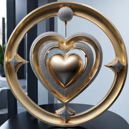 A magnificent golden and silver heart-shaped sign adorned with a stunning golden sphere encrusted with sparkling diamond clusters at its center, elegantly spinning in position.