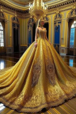 a very royal near easten golden luxurious and big wedding dress