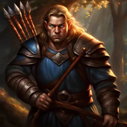 immagine fantasy di un arciere gnomo maschio con capelli castano chiaro e occhi azzurri