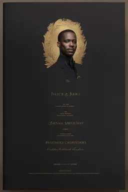 An extremely formal, funeral program for a black man on darkest bronze deeply pigmented velvet paper with brilliant, brightest heavy golden fonts, simple, minimalistic, less element, very dramatic lighting