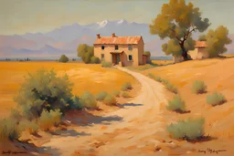 Sunny day, countryside, dirt road, mountains, distant adobe house, trees, rodolphe wytsman and henry luyten impressionism paintings