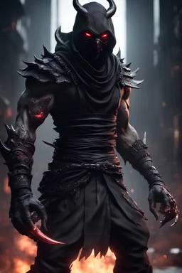 Hyper detailed demon ninja in action, Onyx black, sinister, gothic, 8k octane rendered, unreal engine 5, high contrast, high resolution, cinematic lights, masterpiece, photorealistic, 3d