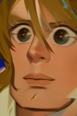 Redraw the cartoon character and fix the image resolution His hair is brown and long, but messy. His lips are closed, showing his bravery. His eyes are lined, showing his determination. He has shadows under his eyes, showing his stress and convert the drawing view 3D panel style digital Painting detailed with a panoramic scene Ultra-wide angle Highly realistic precise details Detailed