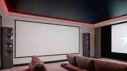 Generate an image of a sleek home cinema with our top-notch projectors and surround sound systems with a star-lined ceiling similar to a Rolls Royce in a high-rise penthouse