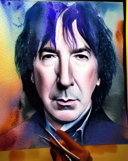 high-quality, fine-detail close-up watercolor of Alan Rickman as Severus Snape with a holographic deer in front of portrait, 8k, intricate, photoillustration, artwork, volumetric lighting,