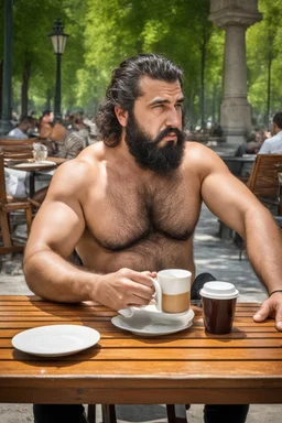 half figure photography of an ugly turkish barman servicing one coffee at the table, burly robust muscular chubby shirtless short beard, mainly chest very hairy 25 years old man, in a public park of Istambul , sunny day, sweat, wet, big shoulders, angry eyes, photorealistic