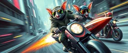 hi speed rocket ship on leaning scooter in a swing, coated rat gremlin captain in high speed pursuit among neon spy vs spy rat cyber soldiers, with background motion blur, airbrush and pen outline, in the style of Fallout 4 and Cyberpunk and GTA5, huge sun glasses with mirror reflection, tounge out
