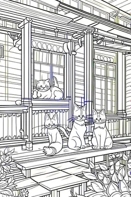 kids coloring page, Cats on the porch, cartoon style, thick lines, low detail, no shading