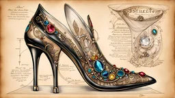 ((HAND_DRAWN_JEWELED_TECHNICAL PARCHMENT)) detailed topical view schematic of dark_pearlescent_stiletto_heels on ((jeweled_text_covered_parchment_with smoldering_edges_and_bold_lines)), vivid tattoo ink, shiny glass jewels, masterpiece, 16k, ultra-detailed, sharp focus, red and green, deep color, vibrant, wet, gloss