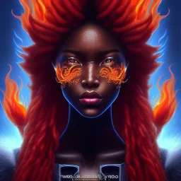 3D. Detailed Painting .realistic. Dark skin women. Beautiful. the faces of two young black women. Warm. Fire nymphs emerging from the flames.red.. Energy. Focus. THeir hair looks like smoke .smoke curling. Dreadlocs. Their skin is the colour of charcoal . Their hair moves like smoke. . their clothing is made of flames, red. Orange. Yellow. White and gold