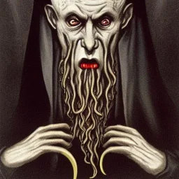 Nosferatu with four yellow eyes with fleshy tentacle hair beard grey skin and vampire fangs as a Russian Orthodox