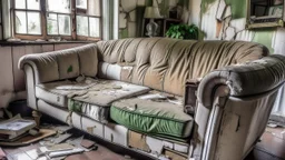 warped and dilapidated couch in living room