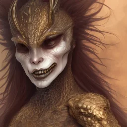 female evil hybrid human reptilian gold and red snake eyes sharp teeth dead face, scales eyes, horns around top of head