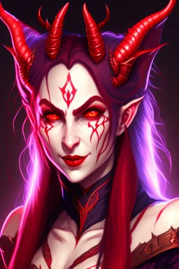 Portrait of a Dungeons and Dragons Tiefling girl with deep red sin, pretty, beautiful, symmetrical horns protruding fromn forehead, devil horns, smile, epic lighhting, cinematic, fantasy, , high quality, best quality, high definition, masterpiece, 8k, artstation, artwork, concept art