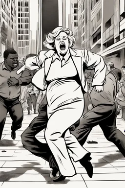 an obese terrified blonde white woman crying and sobbing in a pant suit desperately running away from an angry mob of thousands of all black people chase her down a city street