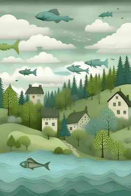 top third is a sky with a horizontal continuous cloud and a landscape, forest and green trees on each side of the landscape on the right and left and small hill in the middle and 2 points on the right and there small 2 rectangle houses between the bush, on top of the hill. A thick grey fish with tringle tail facing to the right with a fin under and big eyes has the hill on top of the fish. Under the fish a rock that looks like a bath. The sky is light blue above the clouds and under the clouds