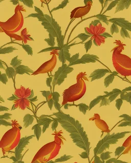 a repeating pattern of Vintage European chinoiserie wallpaper with dodo bird and oak leaf branches