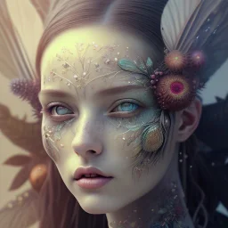 Portrait of beautiful girl, plant, metal, feathers, Dryad, fae, sidhe, ominous, nature, plants, wildflower, facepaint, dnd character portrait, intricate, oil on canvas, masterpiece, expert, insanely detailed, 4k resolution, retroanime style, cute big circular reflective eyes, cinematic smooth, intricate detail , soft smooth lighting, soft pastel colors, painted Renaissance style,bokeh, 800mm lens