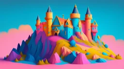 Pink, orange, yellow, dark blue and aqua blue castle on a hill, detailed